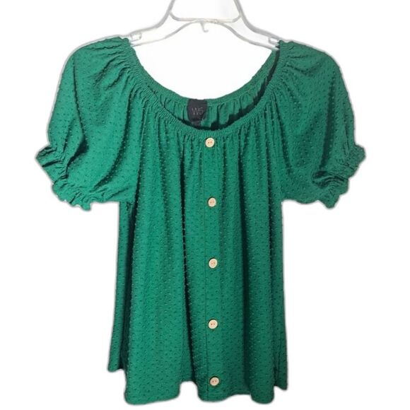 Anthropologie W5 Green Swiss Dot Button-up Blouse Top Puff Sleeve Women's M - Picture 1 of 7